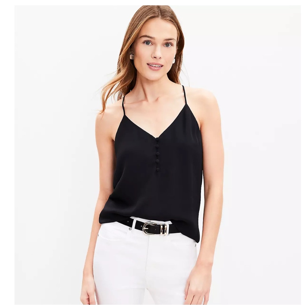 LOFT Covered Button Strappy Cami Size XS Solid Black Lined NWT